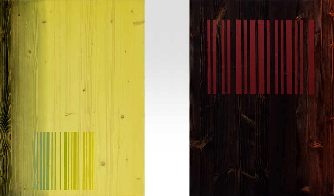 Ilppo Alho, 2001 — Code 00-S1-A11 & 00-S1-A3 — alkydiv�ri ja pigmentti puulle — � 56 x 42 (cm)