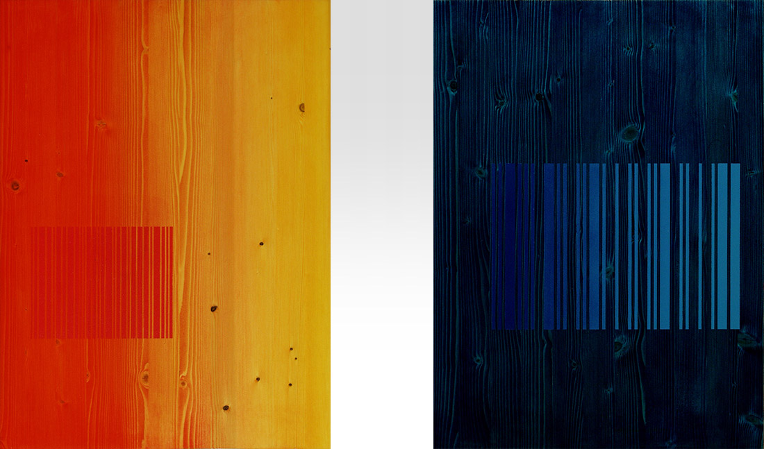 Ilppo Alho, 2001 — Code 01-S6-A2 & 01-S4-A1 — alkydiv�ri ja pigmentti puulle — � 56 x 42 (cm)