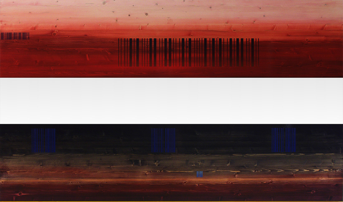 Ilppo Alho, 2001 — Mindscape 1 & 5 — alkydiv�ri ja pigmentti puulle — � 49 x 220 (cm)