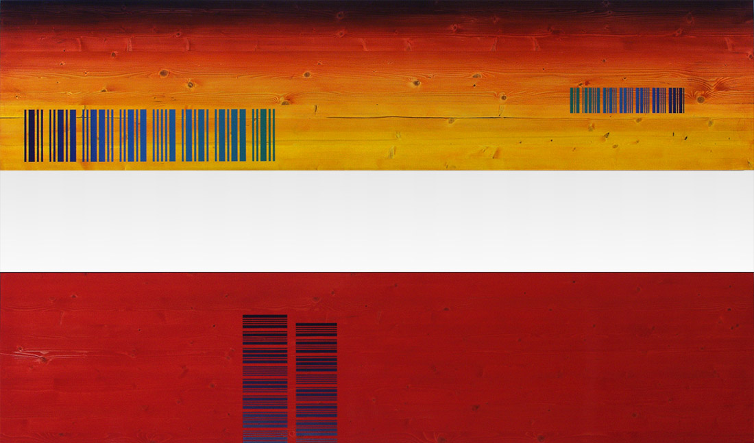 Ilppo Alho, 2001 — Mindscape 3 & 2 — alkydiv�ri ja pigmentti puulle — � 49 x 220 (cm)